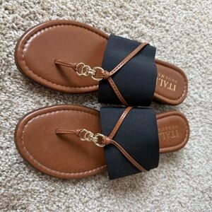 Italian Shoemakers Black and Brown Slide Sandals with Gold Accents